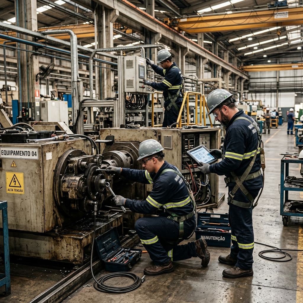 Workers wearing helmets and safety gear performing maintenance on industrial machinery